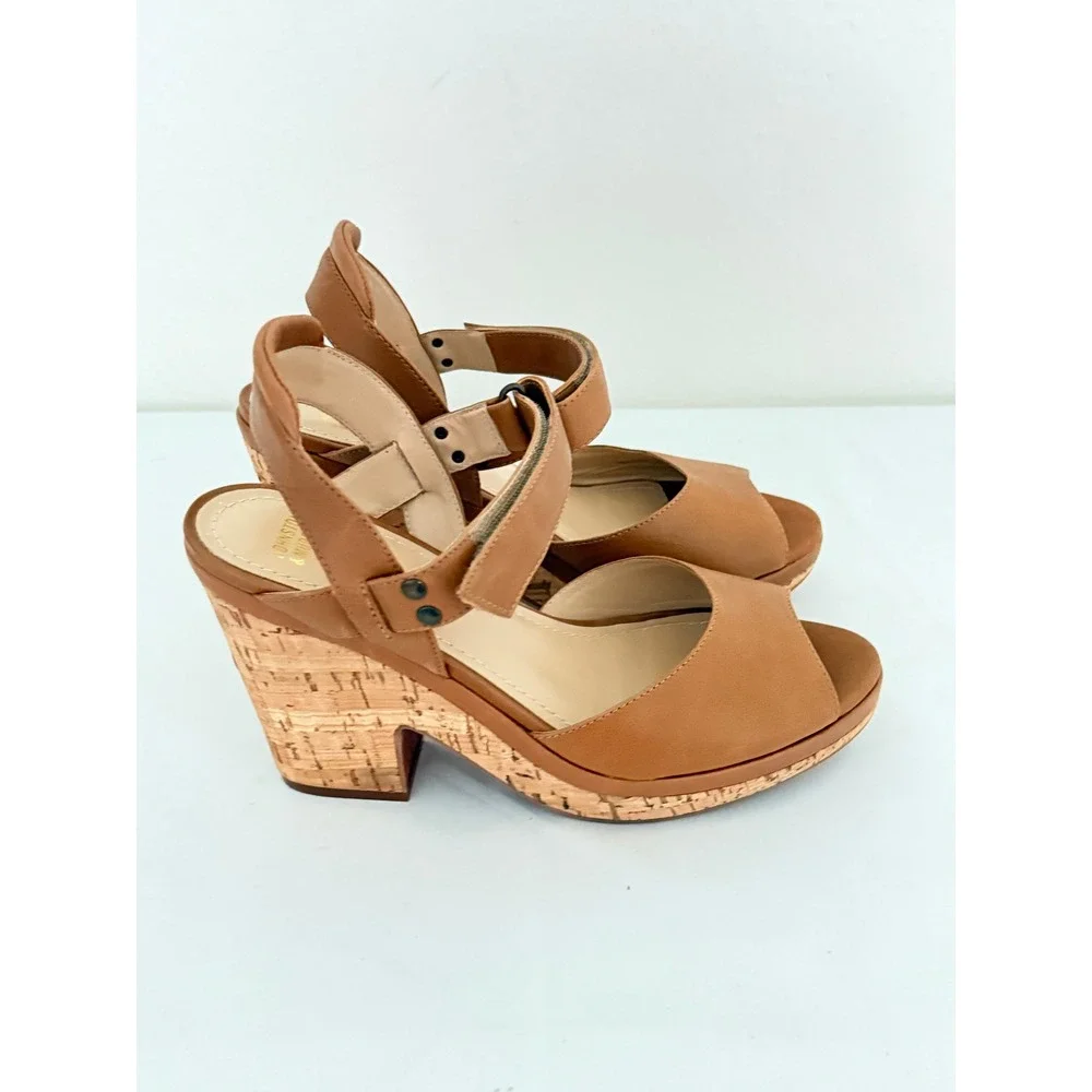 Johnston & Murphy Wedge Sandals Sz 7 Tan Leather Cork Platform Peep Toe Boho